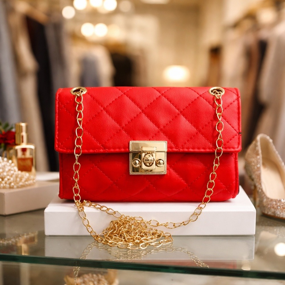 Purse Red Mini Crossbody Bag with‎ Gold Chain